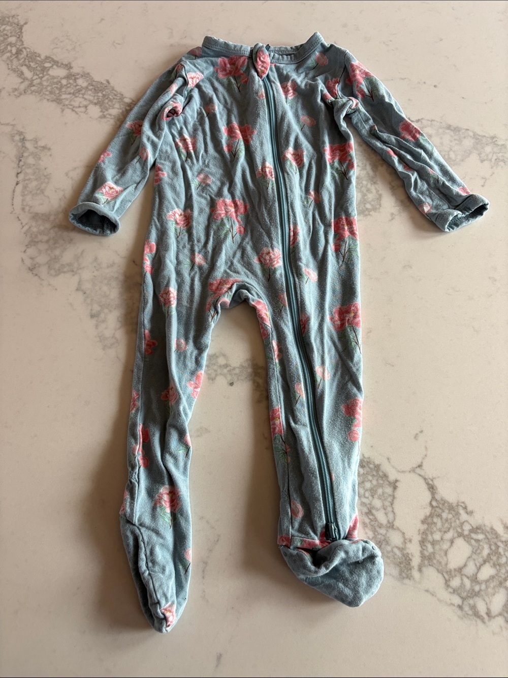 Kyte BABY Light Blue Footed One-Piece with Pink Floral Print